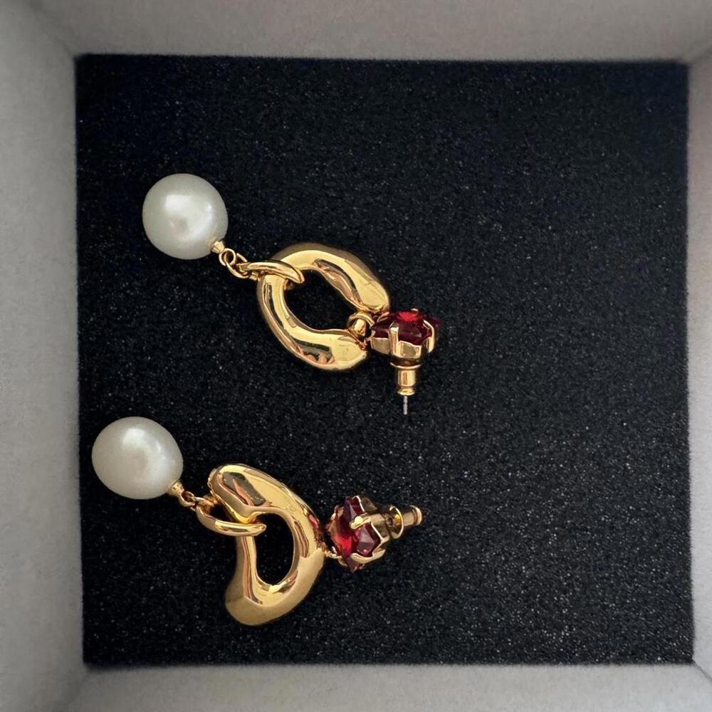 Gold pearl red gem designer dangle earrings jewelry new in box receipt jewellery